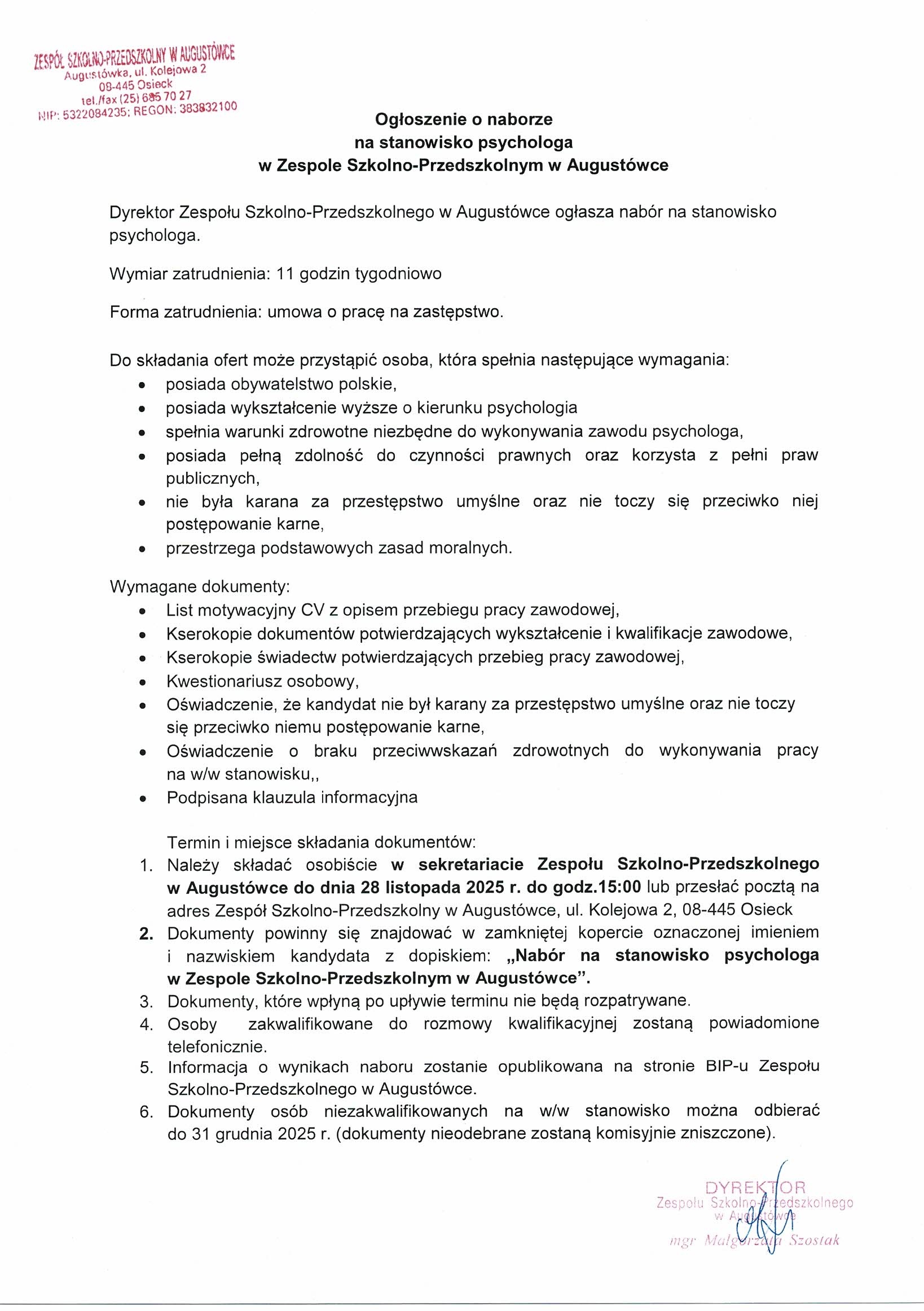 ogłoszenie o naborze na psychologa NA ZASTĘPSTWO