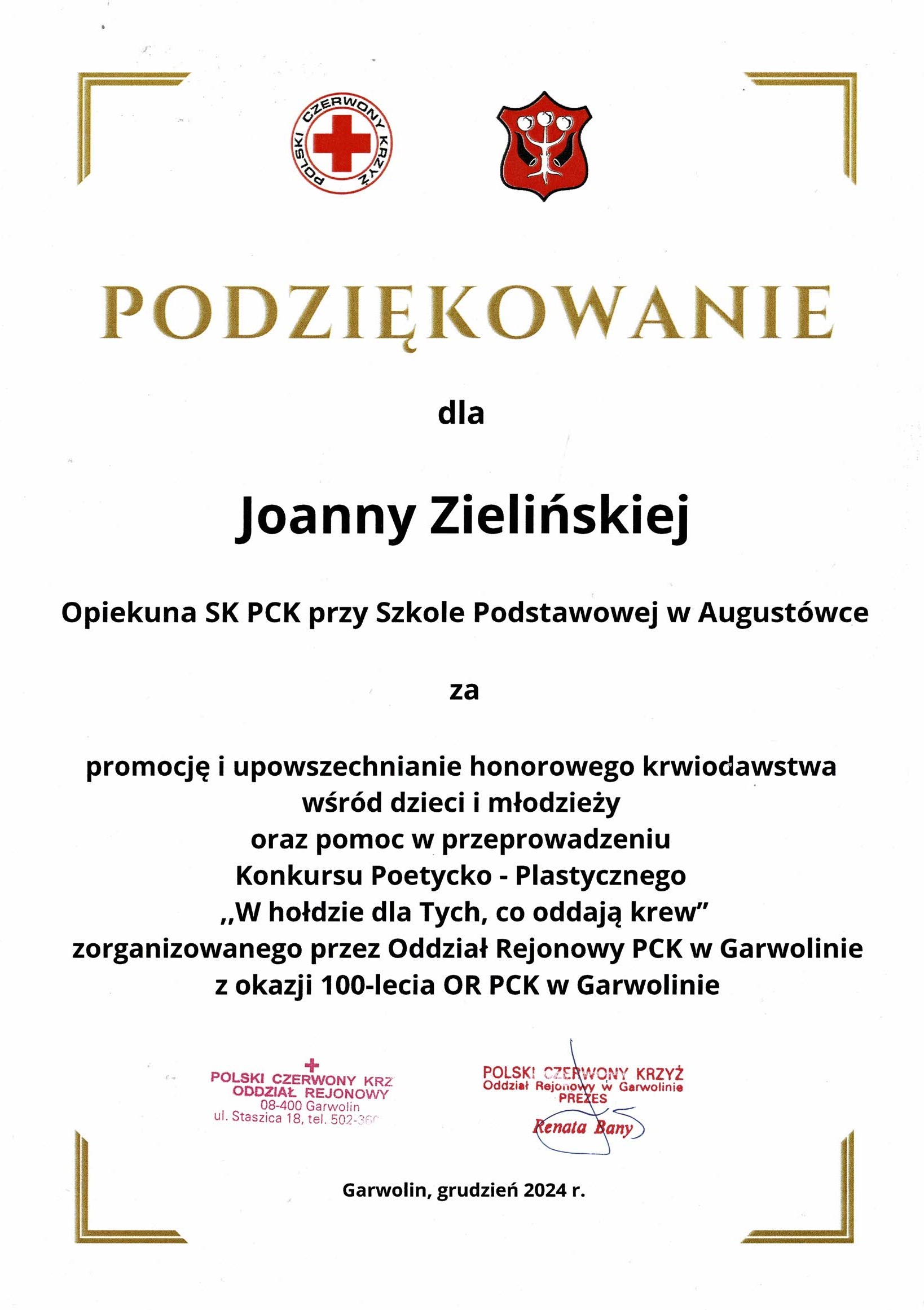 PODZIEKOWANIE J ZIELIŃSKA