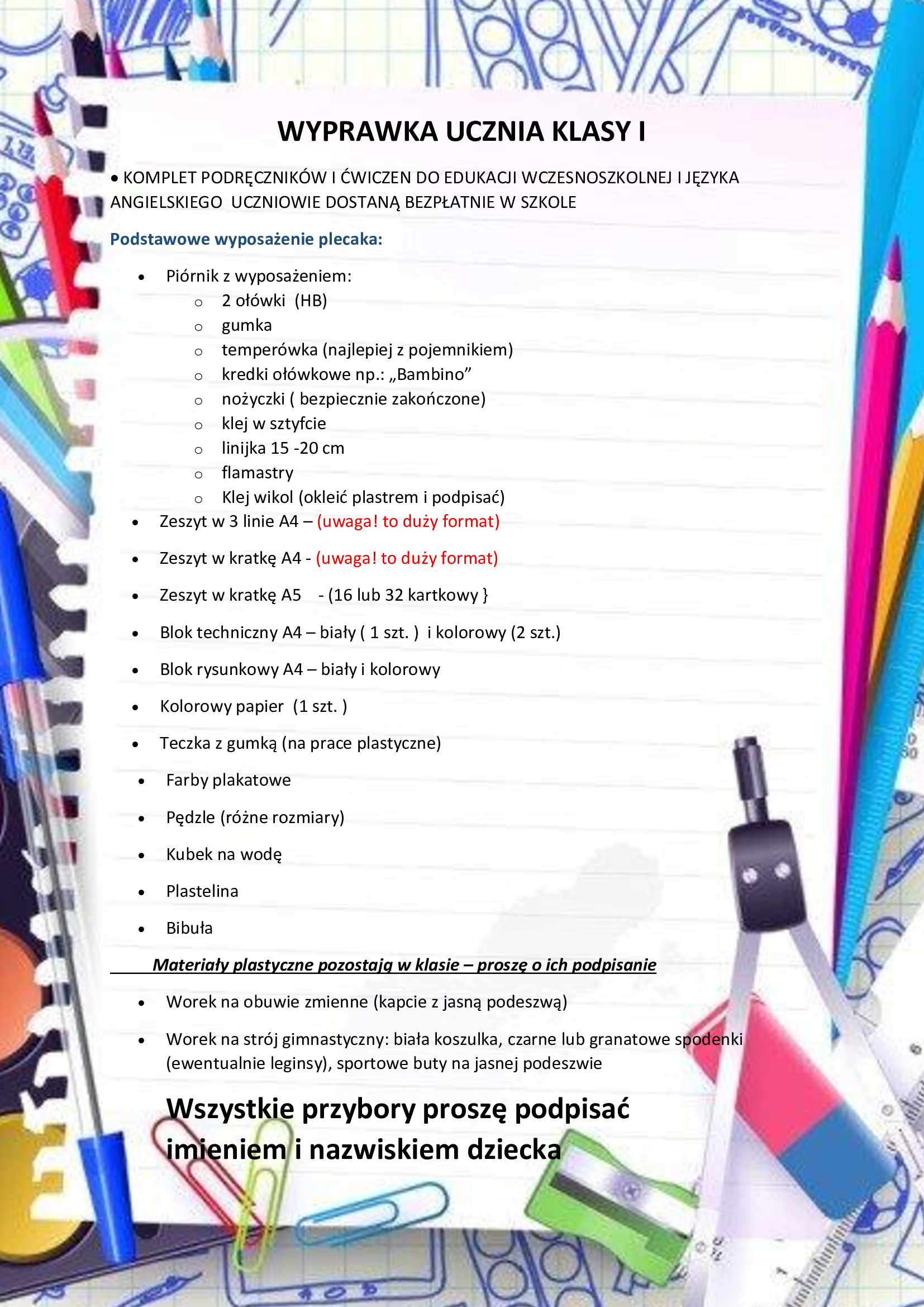 WYPRAWKA UCZNIA KLASY 1