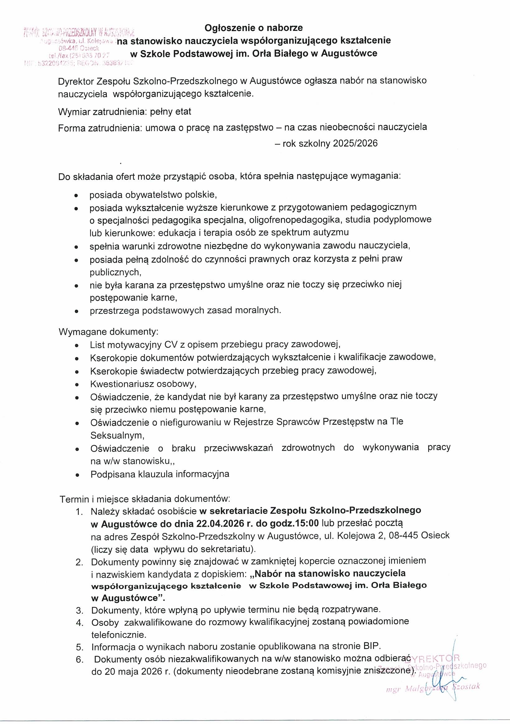 NAUCZYCIEL WSPÓŁORGANIZUJACY KSZTAŁCENIE