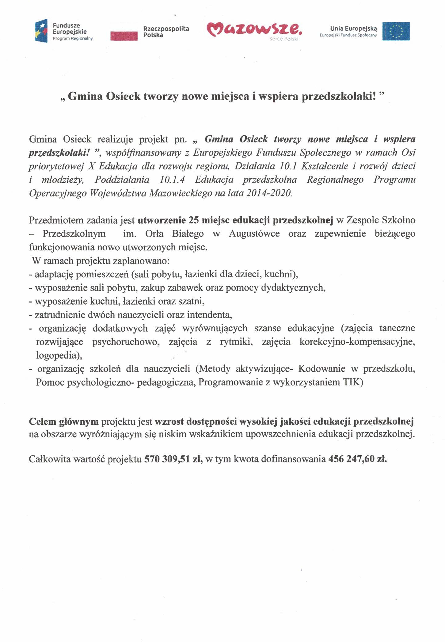 Gmina Osieck tworzy nowe miejsca i wspiera przedszkolaki